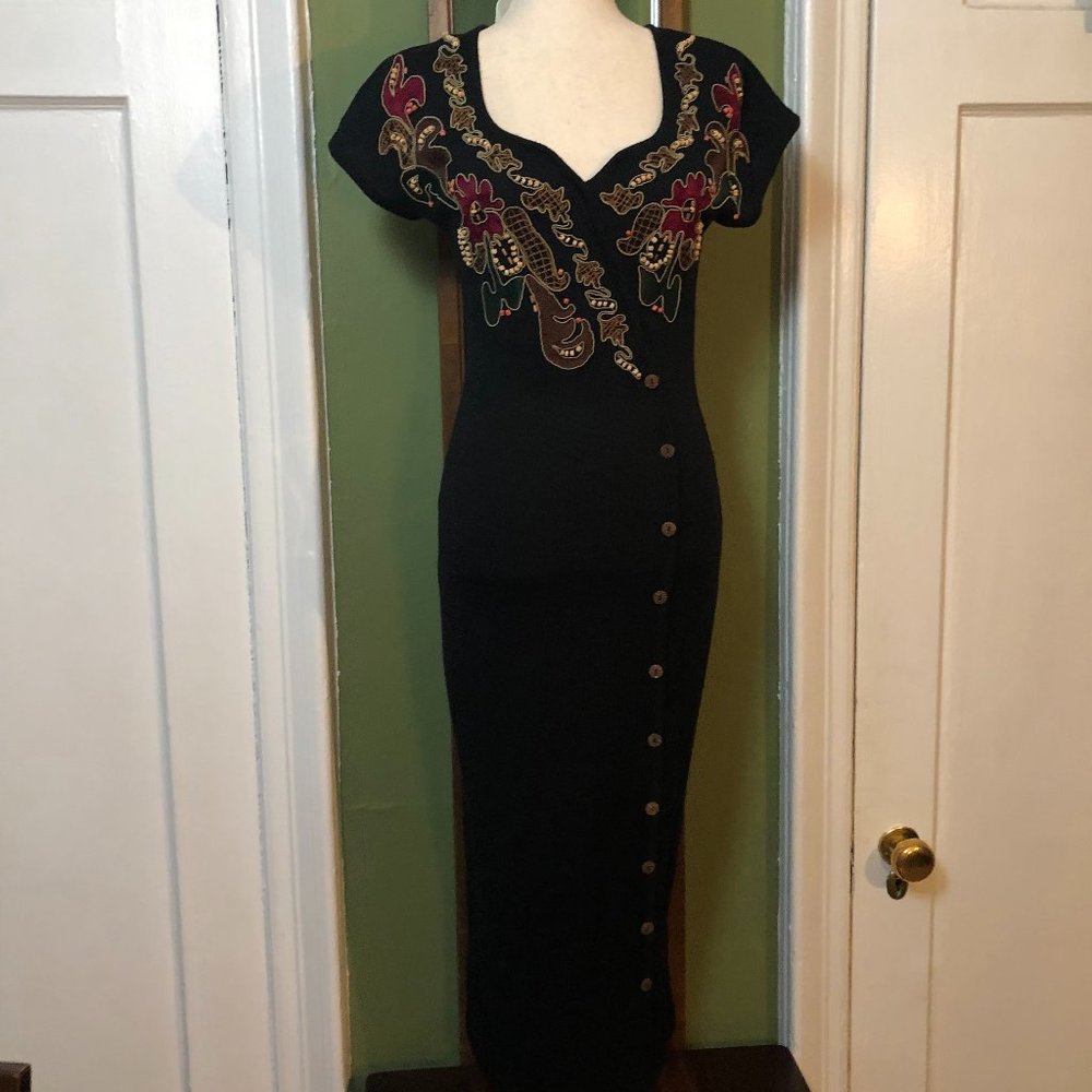 classic long black embroidered dress CAROLE LITTLE size small